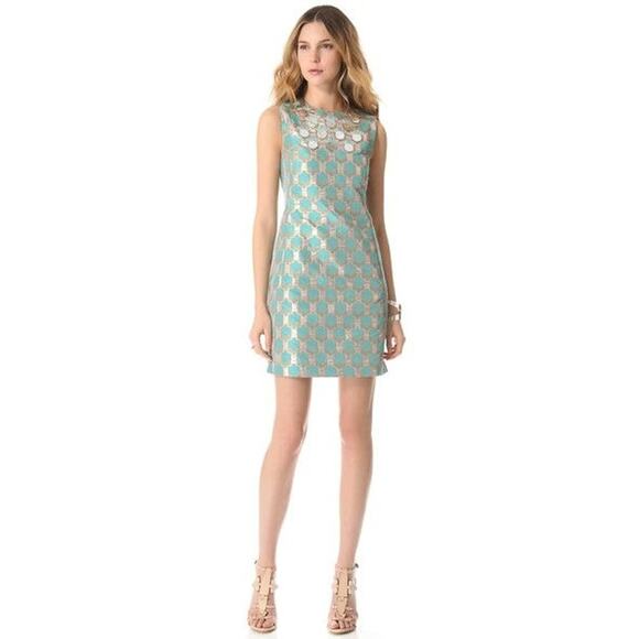 Diane von Furstenberg Akoni Metallic Jacquard Sheath Dress Aquamarine Copper 0 2 - Picture 2 of 16